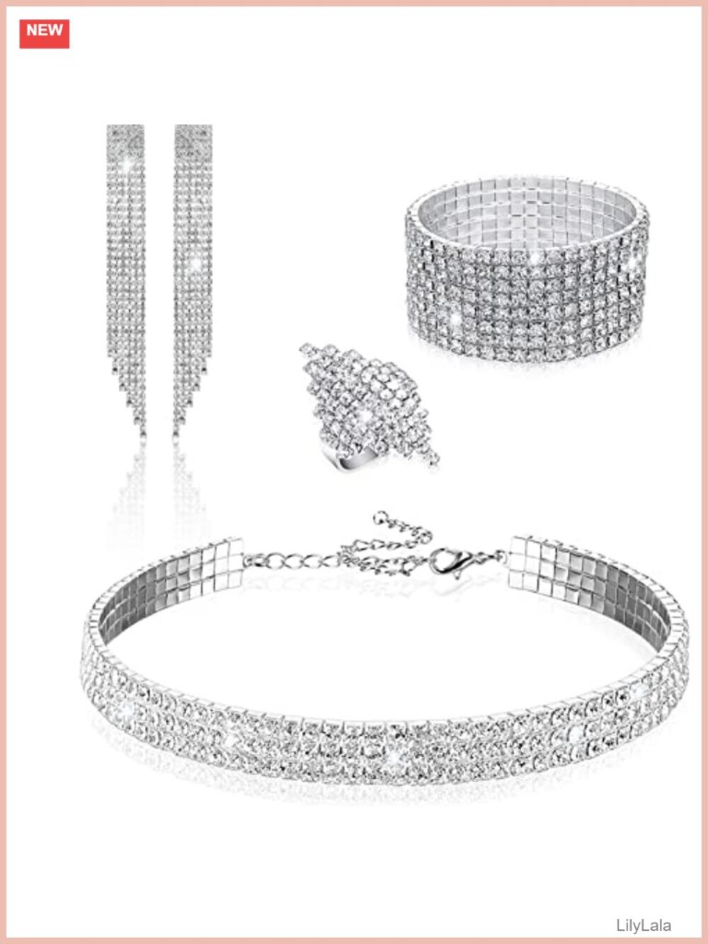 Rhinestone Jewelry Set Bracelet Necklace Ring Earrings Costume Bridal